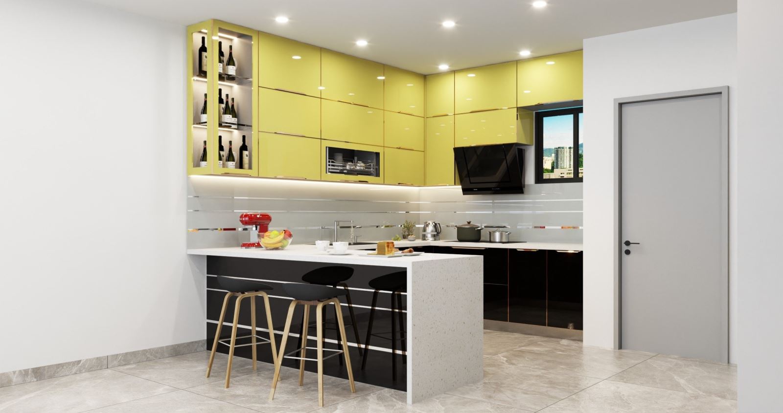 Tủ bếp cánh kính chữ U hệ sơn